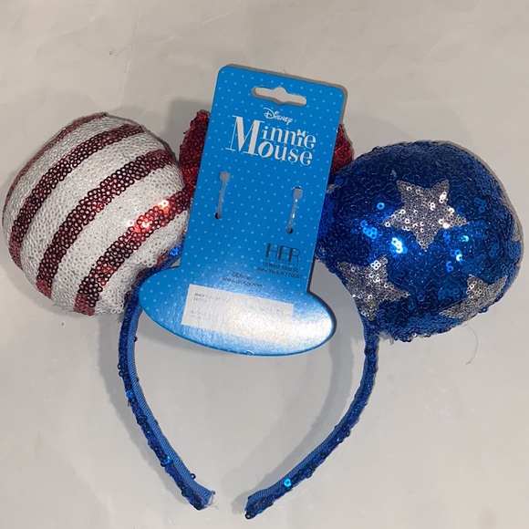 Minnie Mouse Ears Disney Headband 4th of July Stars Stripes Red Blue Sequins - Picture 2 of 8